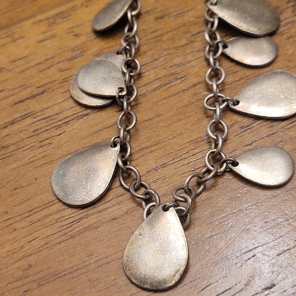 Silver Tone Teardrop Disc Charm Necklace Boho Statement Jewelry